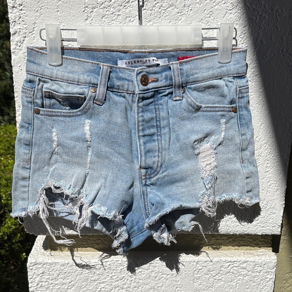 Celebrity Pink Light Wash “The Brat” Ripped Jean Shorts - Picture 1 of 7